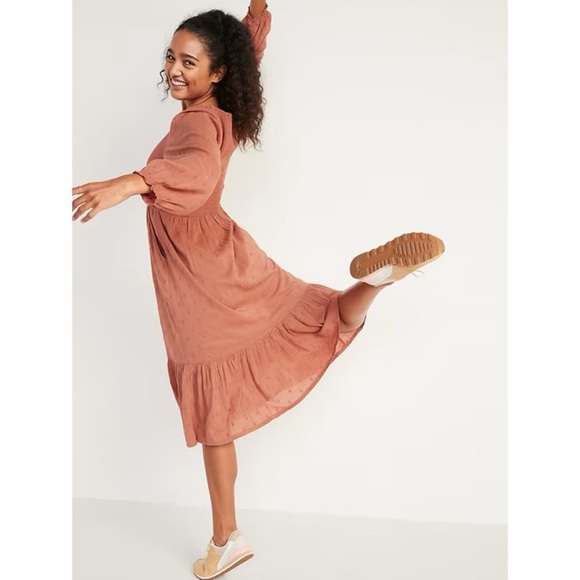 NWT Old Navy Smocked Eyelet Clip Dot Midi Dress - Warm Hickory - Picture 2 of 13